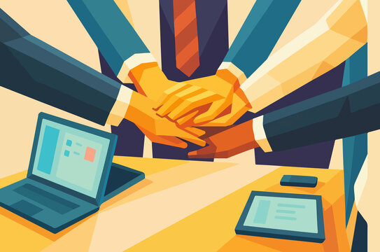 Unity in Hand: The symbols of diversity and collaboration are captured through close-up shots, where different hands are stacked together to represent unity, teamwork, and common goals.