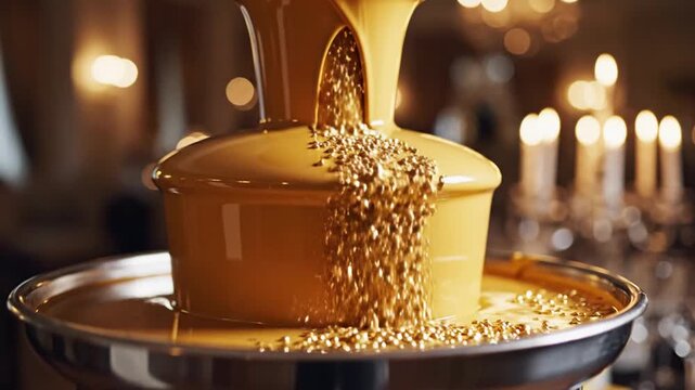 Gold pouring into a pile on a plate, with blurred candles in the background, symbolizing wealth and abundance