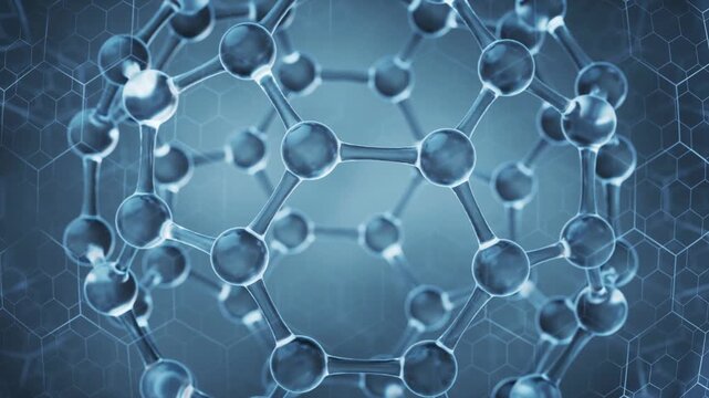 Abstract rotating molecular structure of fullerene or carbon nanotube in science laboratory technology