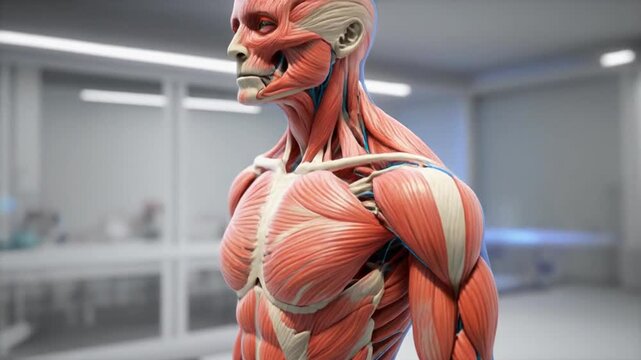 Human muscular system anatomy model in a medical laboratory setting with a person walking away, showing detailed muscles and bones