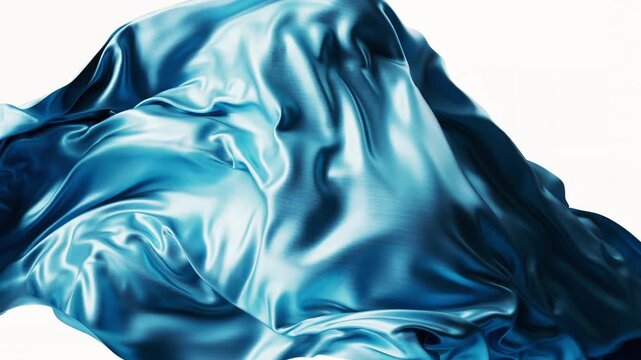 Elegant light blue silk fabric flowing in wind against white background for motion design