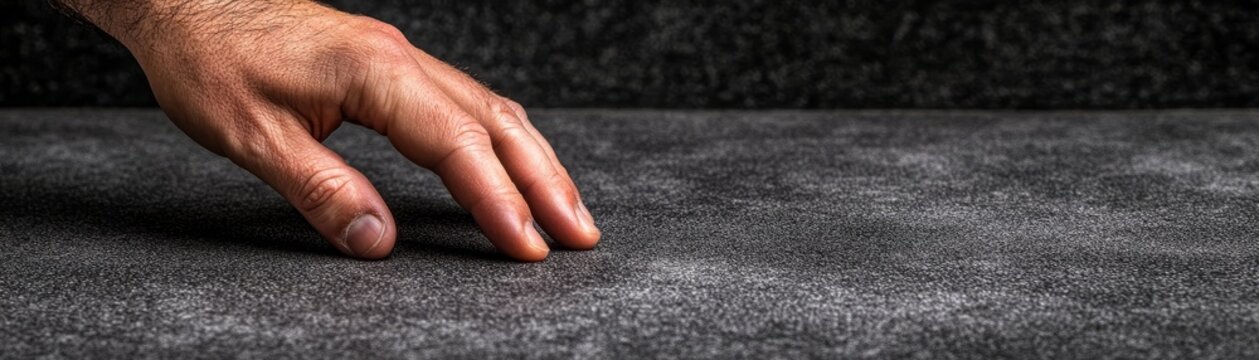 Close up of a human hand extending towards an object on a flat surface focusing on touch and reach.