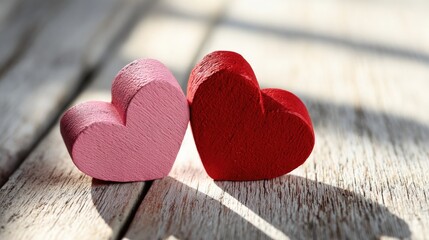 Fototapeta premium Two Wooden Hearts in Pink and Red on Rustic Wooden Table with Sunlight and Shadows for Romantic Decor and Seasonal Celebrations