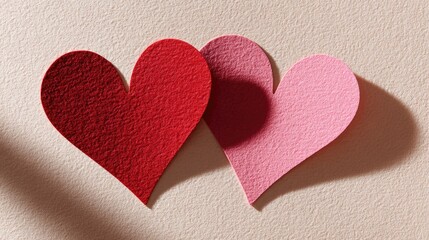 Obraz premium Two Colorful Paper Hearts on Neutral Background Symbolizing Love and Emotion in Crafting and Decoration for Valentine's Day or Romance Themed Projects