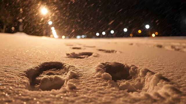 Footprints in snow under warm streetlights at night.