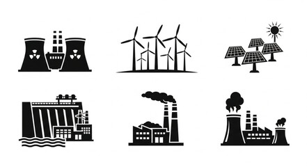 Set of icons representing different types of power generation plants. © Suci