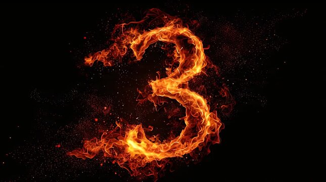 A stylized, flaming numeral three burns brightly against a dark background