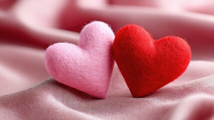 Obraz premium Cute Pink and Red Felt Hearts on Soft Pink Fabric Background for Valentine's Day and Romantic Themes