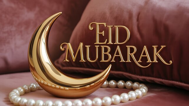 Eid Mubarak golden crescent moon with string of white pearls on plush surface, elegant festive Islamic holiday decoration in luxurious gold tones symbolizing joy, spirituality, culture and tradition