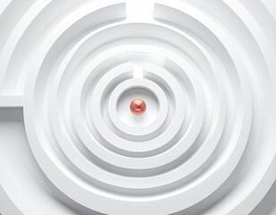 Obraz premium A minimalist, white circular maze with a single red sphere at the center. 3D rendered