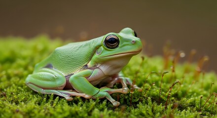 Obraz premium Green frog resting on mossy surface close up view nature wildlife photography