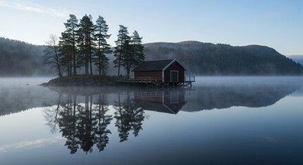 Fototapeta premium Red boathouse on a tiny island with trees, reflected in calm, misty lake water