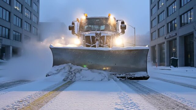 Snowplow clearing snowy urban street at dawn.