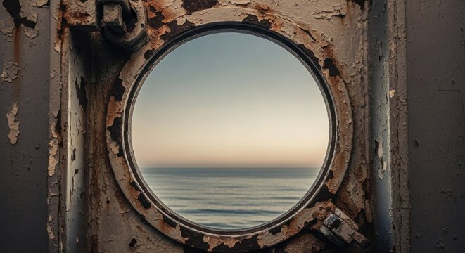 A rusty ship porthole frames a serene ocean view at dusk, capturing the sky & sea