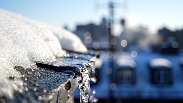 Melting icicles dripping from snow covered rooftop at sunrise.