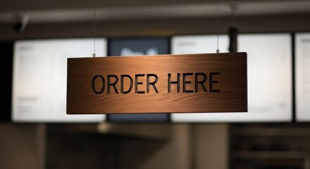 A wooden sign reading "ORDER HERE" hangs in a blurred interior, illuminated