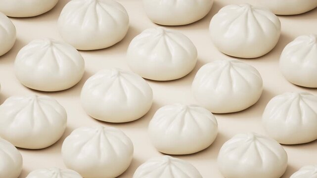 Seamless motion of multiple steamed buns arranged in neat rows on a light background