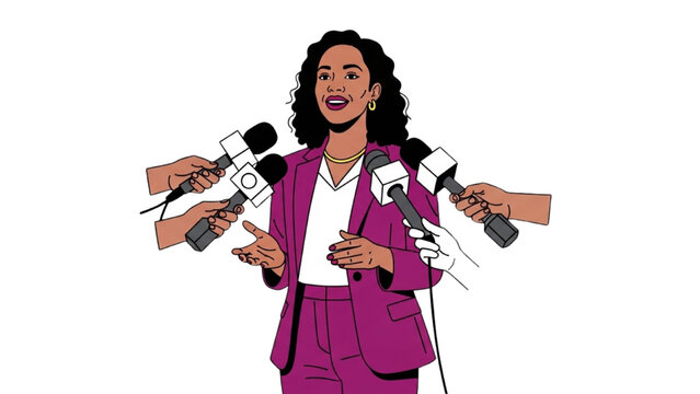 High-quality black outline colorful art of a woman speaking to media, inclusive and minimal posture, professional and empowering