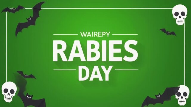 Rabies awareness banner with bats and skulls on green background for World Rabies Day
