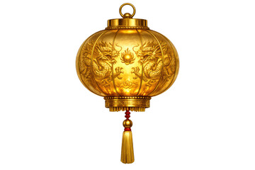 Golden chinese new year lantern illuminating cultural tradition, featuring intricate dragon symbolism, auspicious celebration, with transparent background