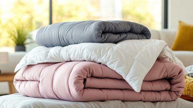 A collection of warm thermal blankets in soft pink grey and white fabrics neatly folded in layers offering cozy comfort for a bedroom setting