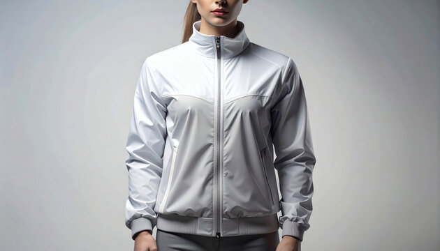 Modern white sports jacket for women, athletic windbreaker mockup