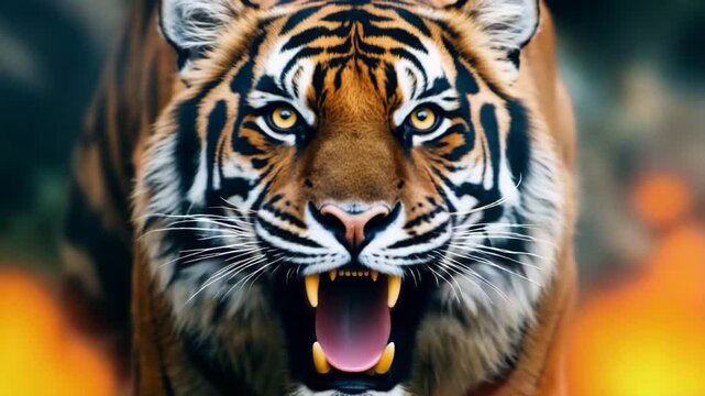 Roaring tiger staring fiercely ahead