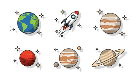 Set of cartoon planets and rocket ship in space. © malika