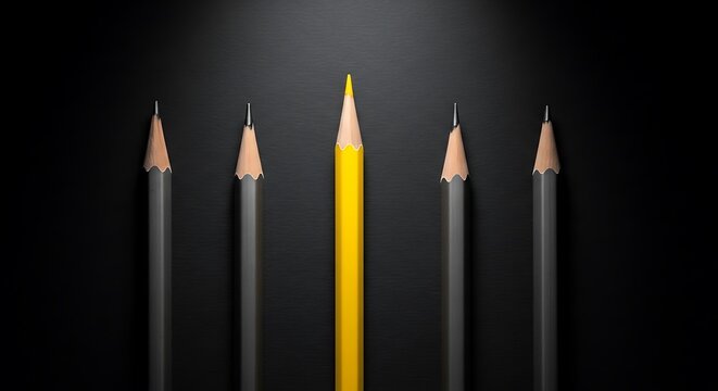 Yellow Pencil Standing Out Among Gray Pencils Against Black unique