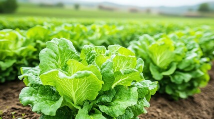 A field of vibrant green lettuce plants growing in neat rows under the bright outdoor sunlight ready for harvest