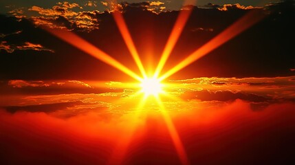 A Fiery Red Sunset With Brilliant Sunburst Rays Through Thick Atmospheric Haze