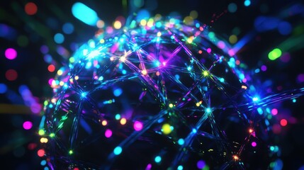 Fototapeta premium A glowing abstract sphere constructed from interwoven strands of bright colorful lights forming a complex interconnected network