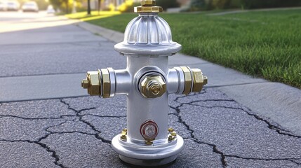 Fototapeta premium A gleaming silver fire hydrant with gold accents stands on a paved street