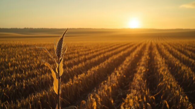 A lone withered ear of corn stalk standing stiffly in a golden agricultural field at sunset with the sun low on the horizon