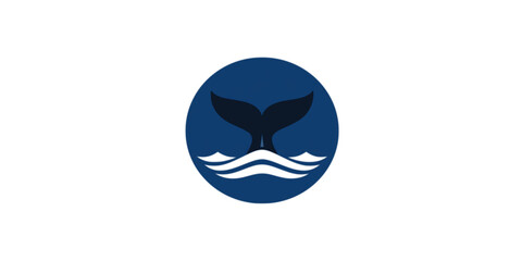 Whale tail icon in blue circle with waves. Marine animal silhouette logo for sea life, ocean conservation, or nautical themes. Vector graphic symbol of a diving whale fluke. 