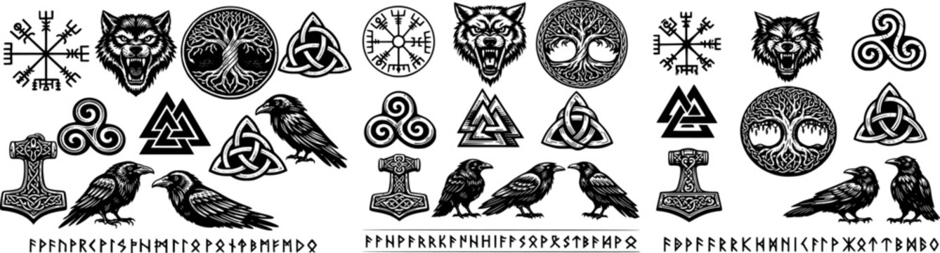 VECTOR MEGA SET Viking runes and symbols collection. set of pagan norse sign vegvisir, fenrir, yggdrasil, valknut, triquetra, triskele, Thor&rsquo;s hammer, ravens. Scandinavian illustration for tattoo