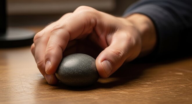 A person's hand rests gently on a small, dark, ergonomic trackball mouse on a wooden desk, indicating comfortable computer work.