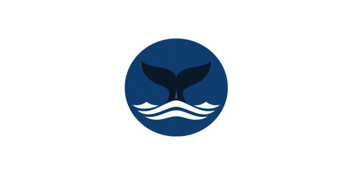 Whale tail icon in blue circle with waves. Marine animal silhouette logo for sea life, ocean conservation, or nautical themes. Vector graphic symbol of a diving whale fluke. 