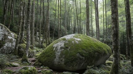 A large moss covered granite boulder rests on the forest floor surrounded by tall trees and lush green vegetation
