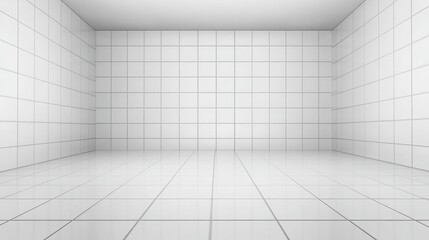 A modern interior showcasing perfectly aligned unblemished white ceramic tiles on both the walls and the floor creating a clean and bright symmetrical space with reflections on the smooth surface