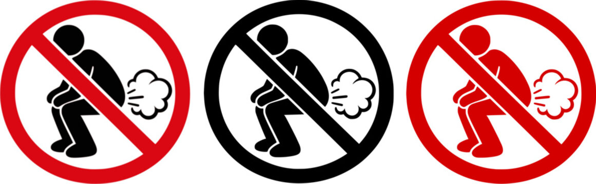 No Farting sign funny vector icon. Prohibition of flatulence symbol. Do not fart warning sticker. Bad smell and gas concept. Digestive health and public etiquette illustration.