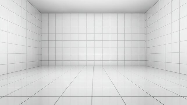 A modern interior showcasing perfectly aligned unblemished white ceramic tiles on both the walls and the floor creating a clean and bright symmetrical space with reflections on the smooth surface
