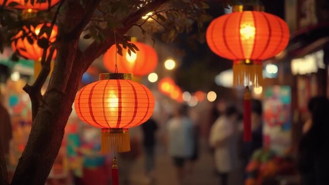 Vibrant red lanterns hang from a tree in a bustling Asian street market at night
