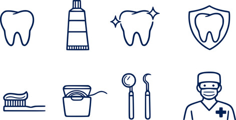Dental care icon set vector. Dentistry and oral hygiene symbols. Tooth, toothpaste, toothbrush, floss, dentist tools. Teeth cleaning, protection and health. Stomatology line icons. 