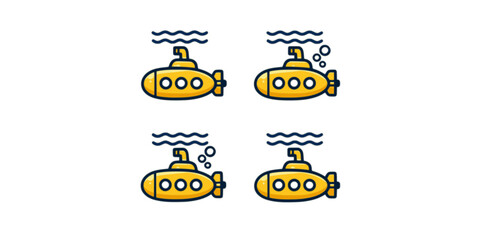 Yellow submarine vector icon set. Cartoon sub diving under the ocean waves. Nautical marine boat ship collection. Underwater travel exploration concept. Simple flat illustration. 
