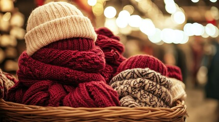 Obraz premium A pile of warm knitted scarves and hats in a basket with blurred festive lights in the background