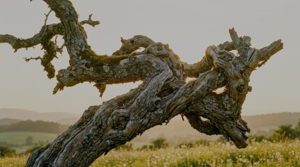 Fototapeta premium Ancient tree branch reaching toward golden light