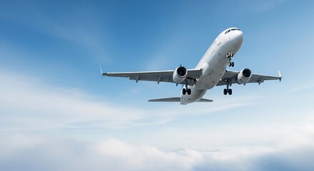 Obraz premium Airplane on Final Approach: Landing Gear Deployed Against a Cloudy Blue Sky