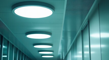 A row of modern circular ceiling lights illuminates a clean indoor hallway