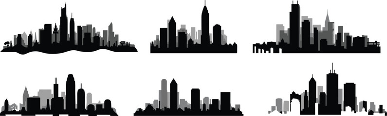 City skyline silhouette collection urban buildings skyscrapers architecture downtown panorama isolated vector black cityscape modern metropolitan horizon illustration set